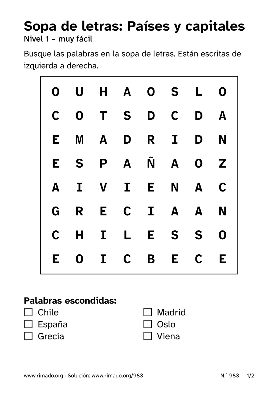 Vista previa de la hoja impresa: Sopa de letras «Países y capitales», n.º 983