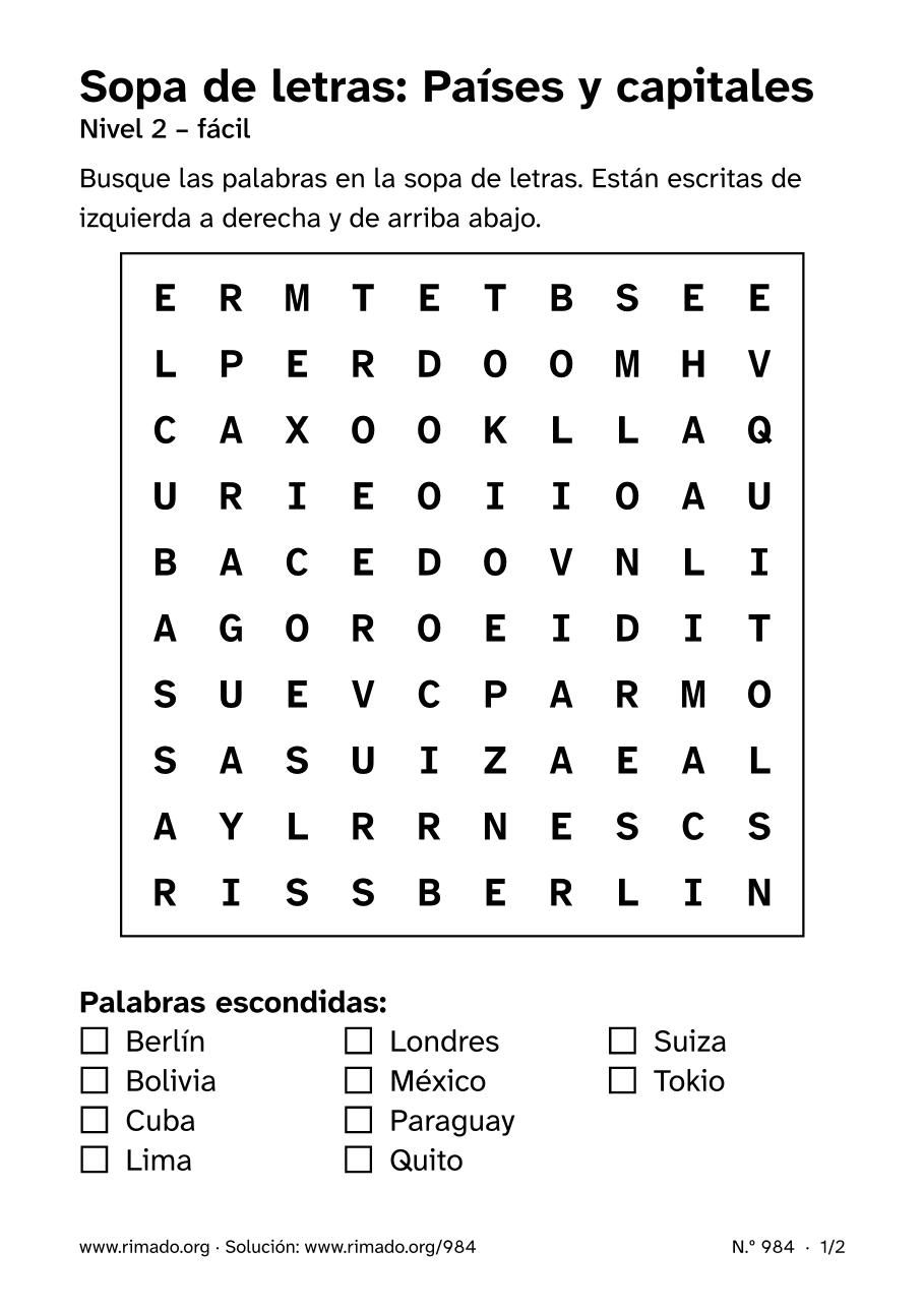 Vista previa de la hoja impresa: Sopa de letras «Países y capitales», n.º 984