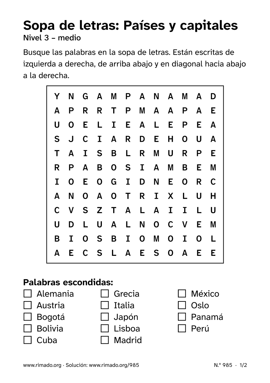 Vista previa de la hoja impresa: Sopa de letras «Países y capitales», n.º 985