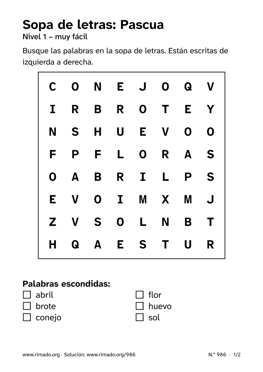 Vista previa de la hoja impresa: Sopa de letras «Pascua», n.º 986