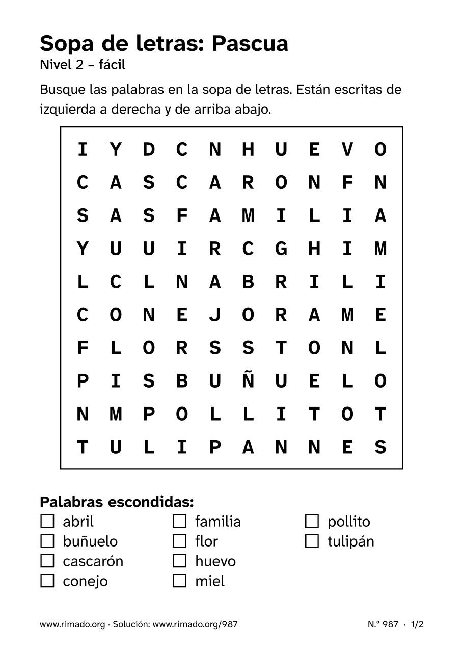 Vista previa de la hoja impresa: Sopa de letras «Pascua», n.º 987