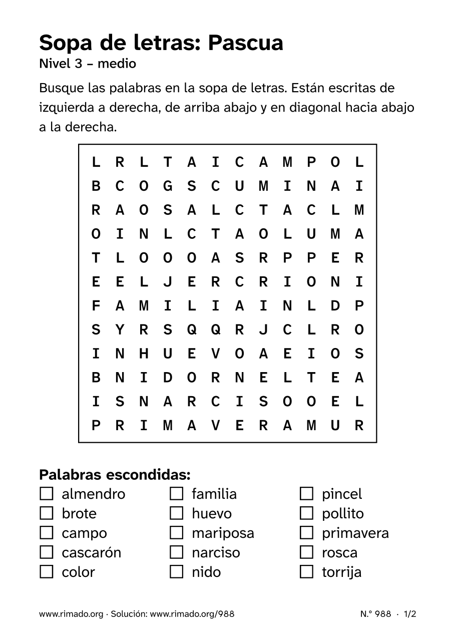 Vista previa de la hoja impresa: Sopa de letras «Pascua», n.º 988