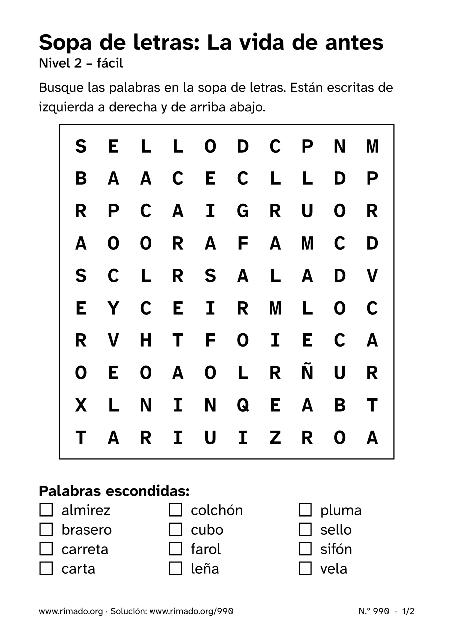 Vista previa de la hoja impresa: Sopa de letras «La vida de antes», n.º 990