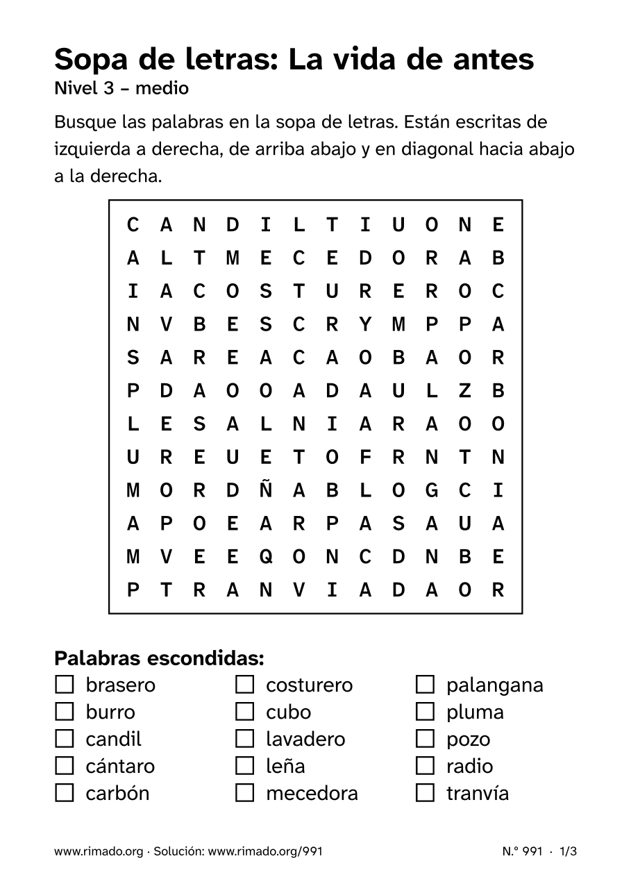 Vista previa de la hoja impresa: Sopa de letras «La vida de antes», n.º 991