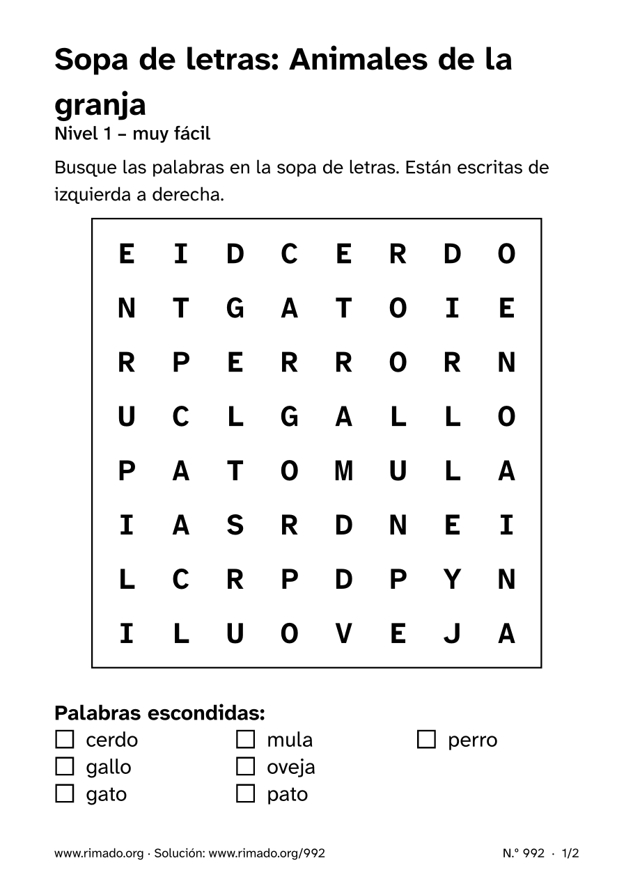 Vista previa de la hoja impresa: Sopa de letras «Animales de la granja», n.º 992