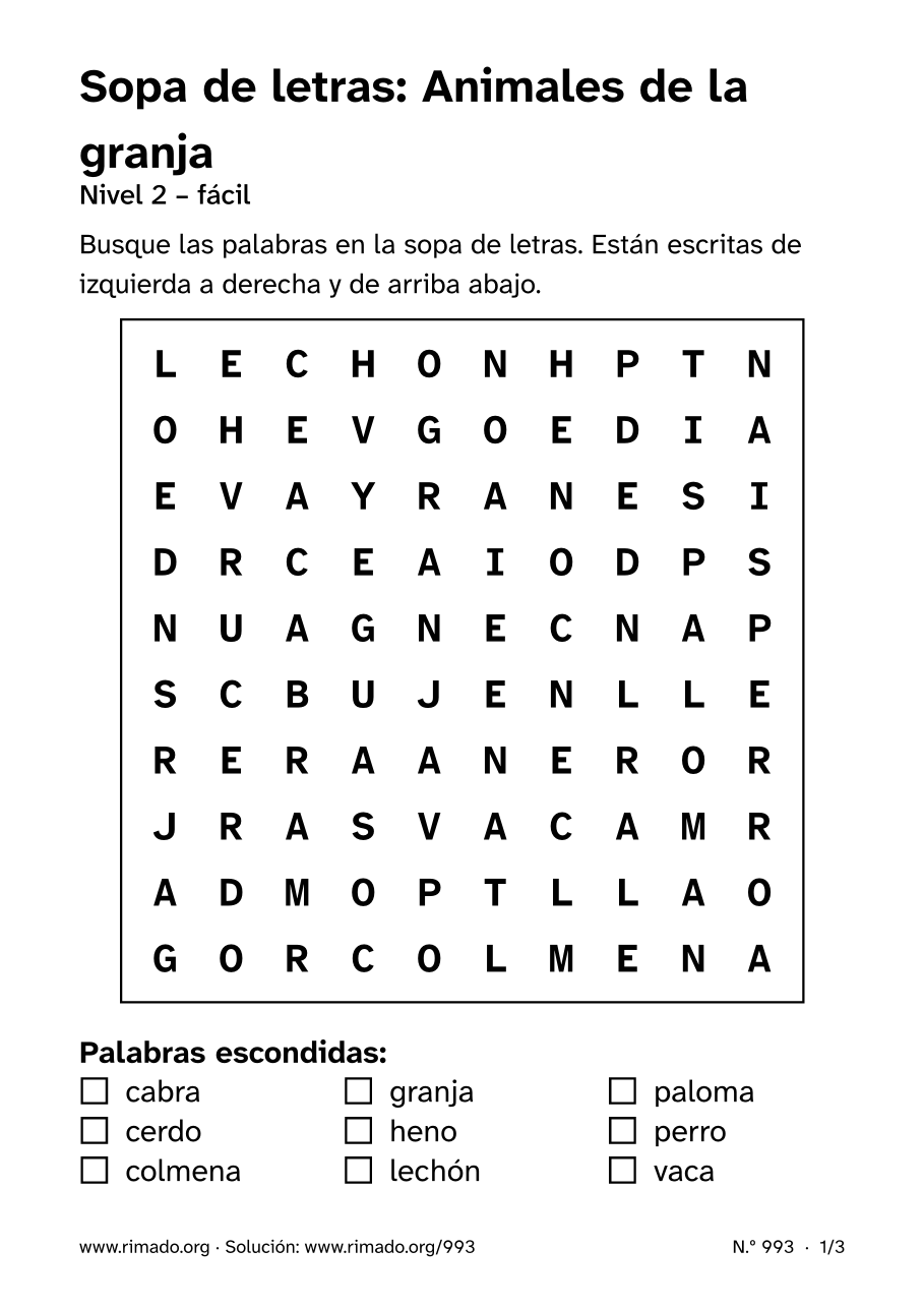 Vista previa de la hoja impresa: Sopa de letras «Animales de la granja», n.º 993