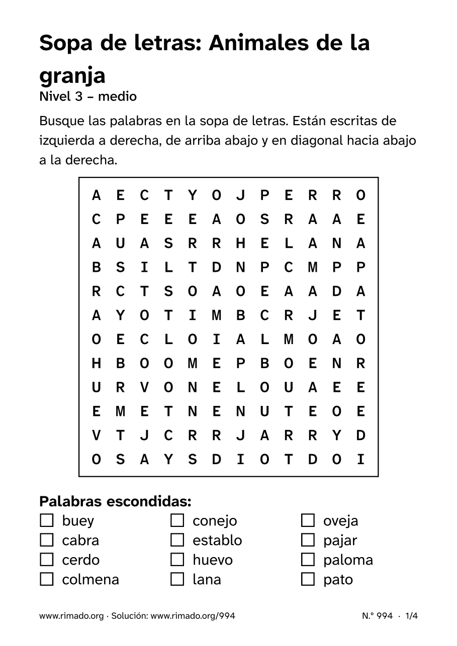 Vista previa de la hoja impresa: Sopa de letras «Animales de la granja», n.º 994