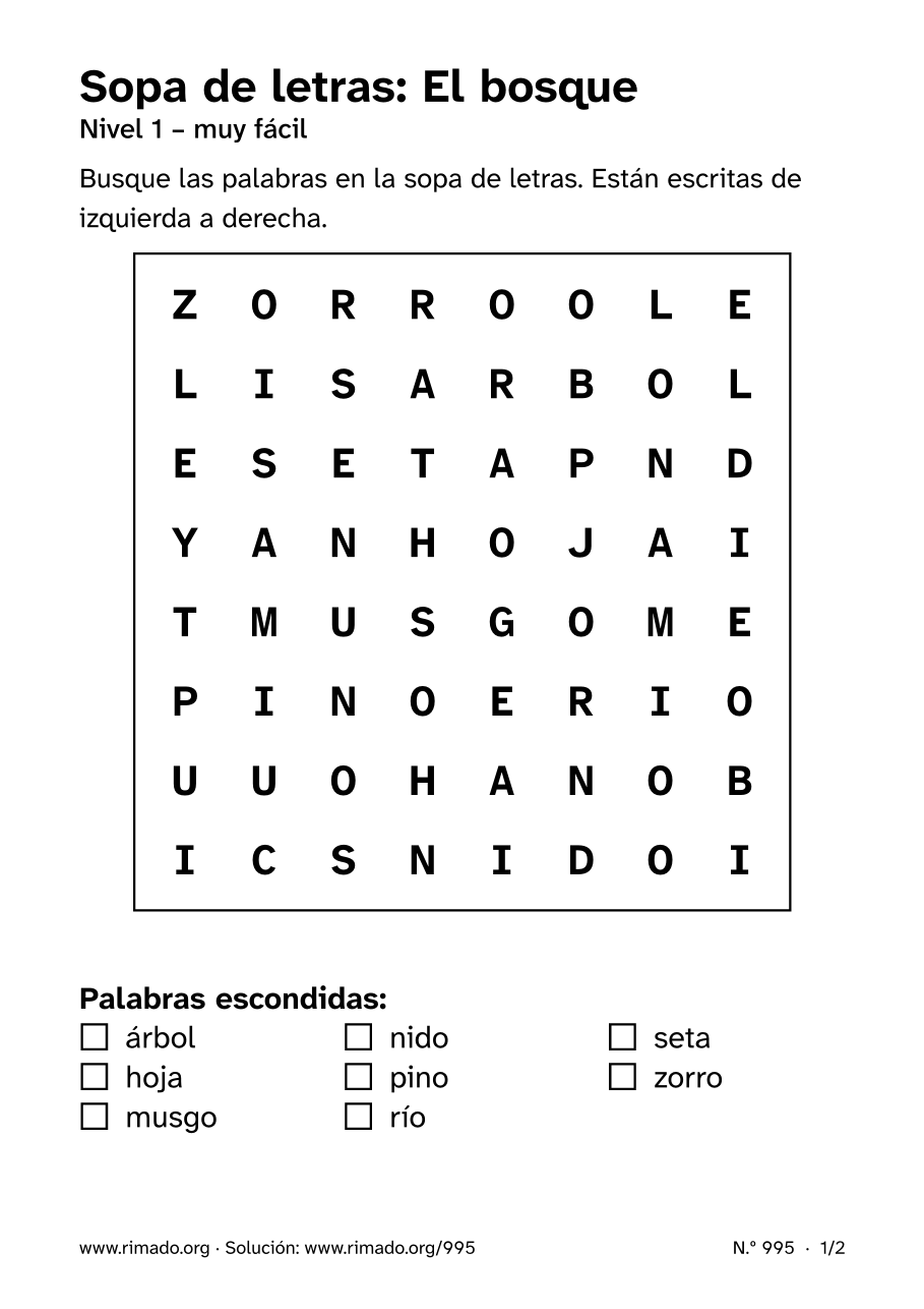 Vista previa de la hoja impresa: Sopa de letras «El bosque», n.º 995