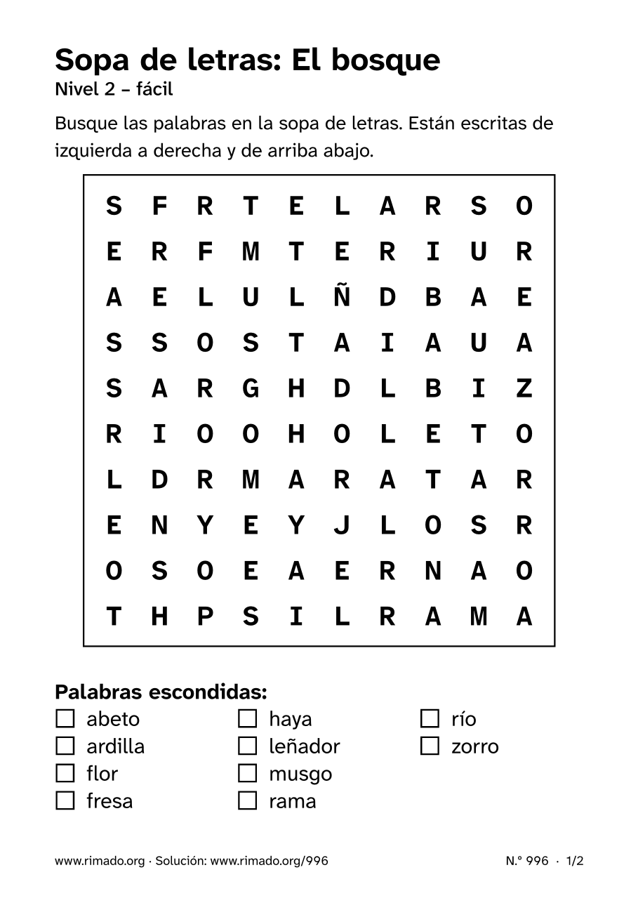 Vista previa de la hoja impresa: Sopa de letras «El bosque», n.º 996
