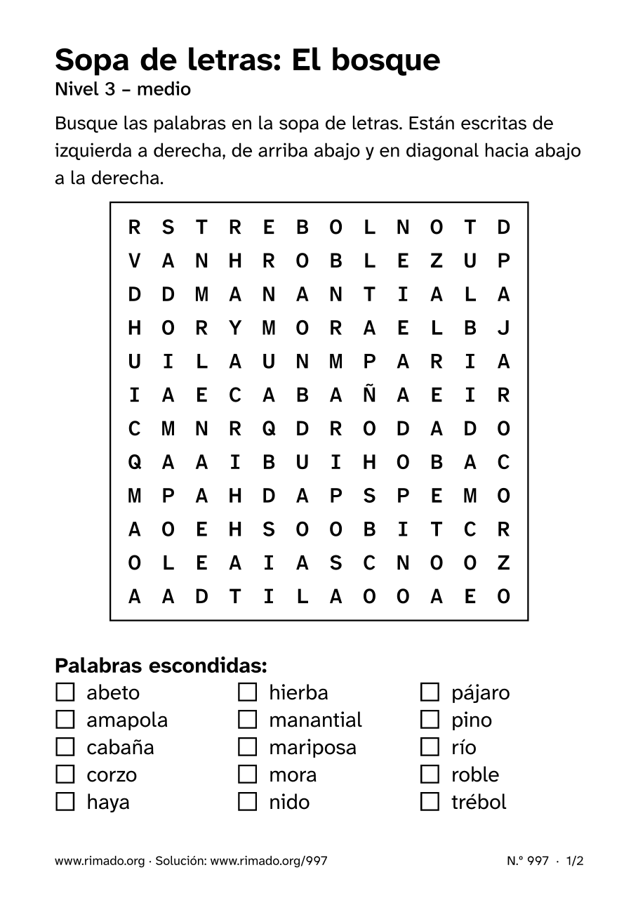 Vista previa de la hoja impresa: Sopa de letras «El bosque», n.º 997