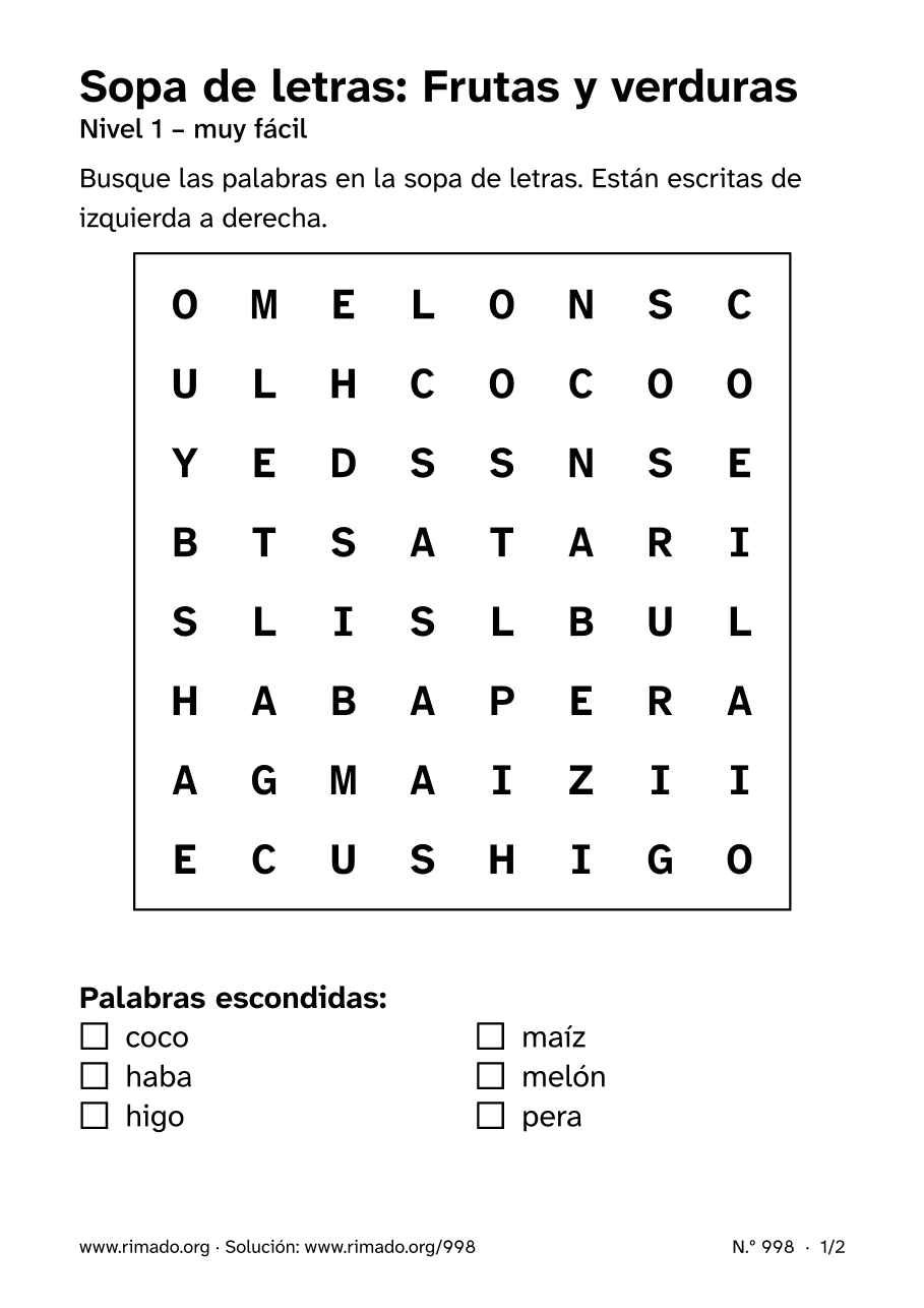 Vista previa de la hoja impresa: Sopa de letras «Frutas y verduras», n.º 998