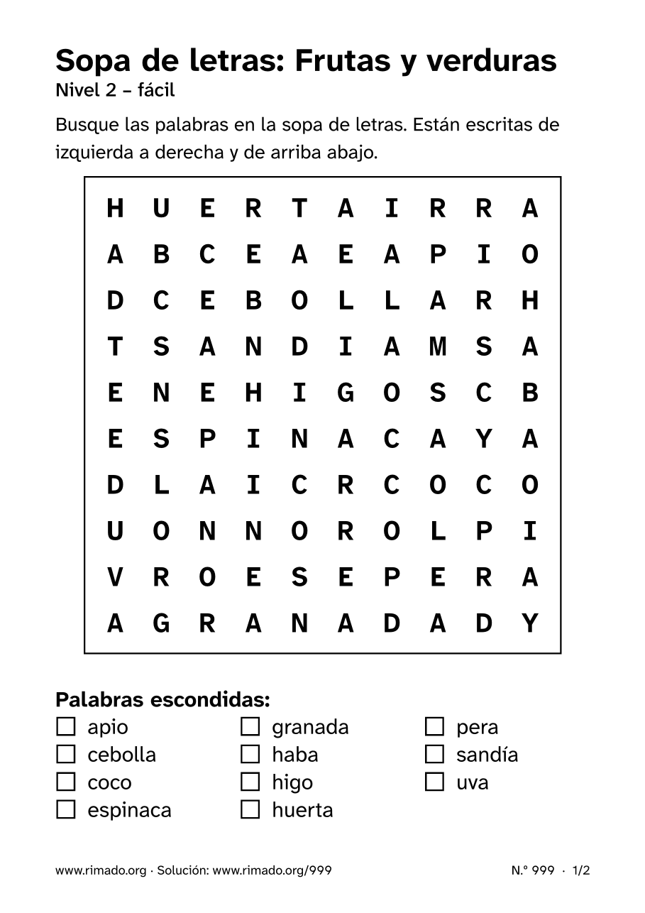 Vista previa de la hoja impresa: Sopa de letras «Frutas y verduras», n.º 999