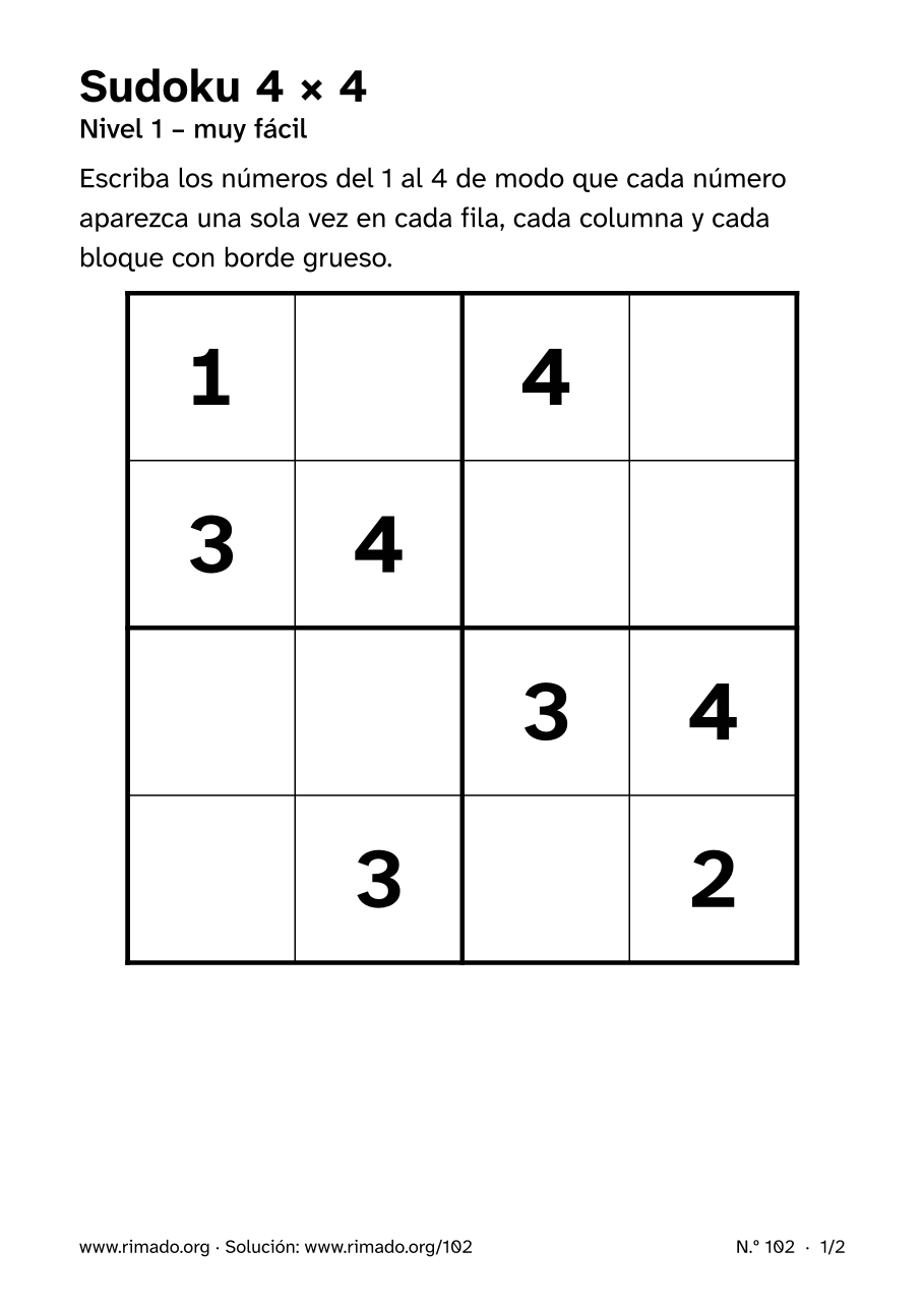 Vista previa de la hoja impresa: Sudoku 4 × 4, n.º 102