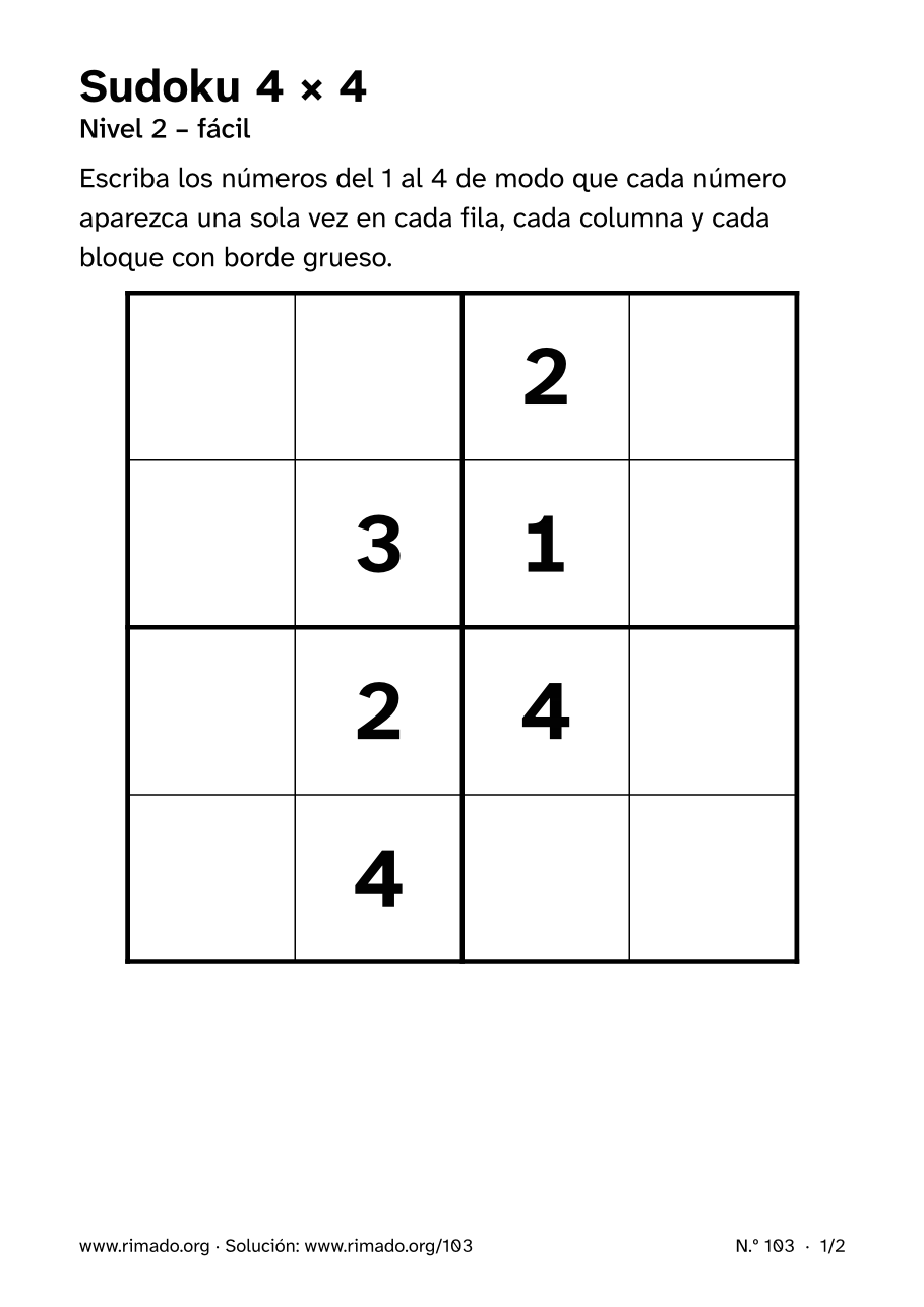 Vista previa de la hoja impresa: Sudoku 4 × 4, n.º 103