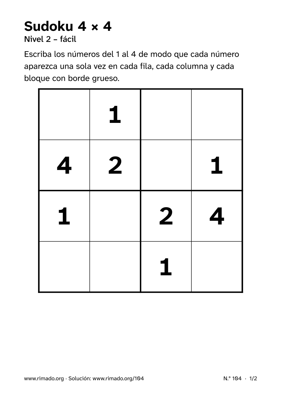 Vista previa de la hoja impresa: Sudoku 4 × 4, n.º 104