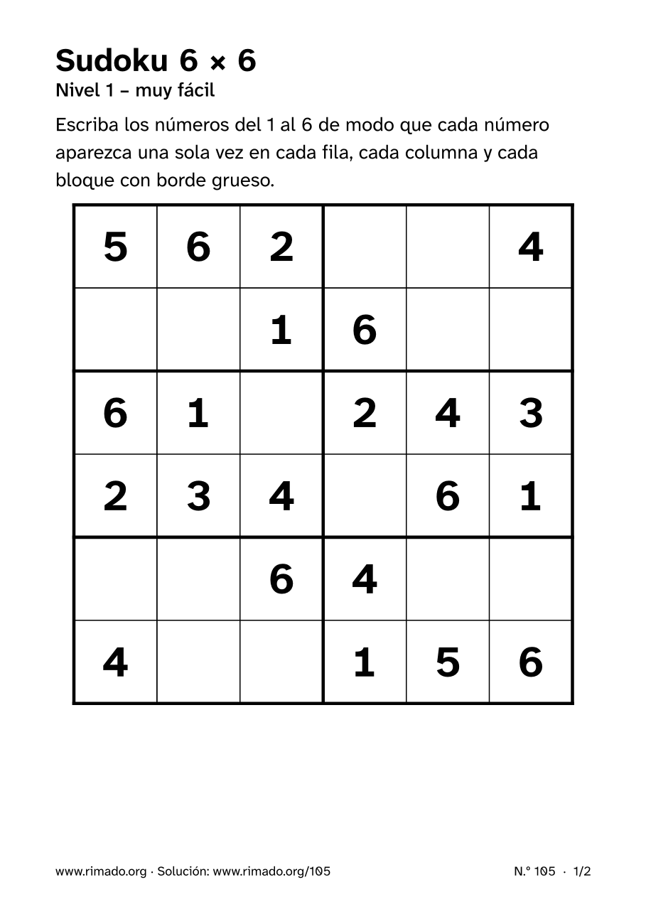 Vista previa de la hoja impresa: Sudoku 6 × 6, n.º 105