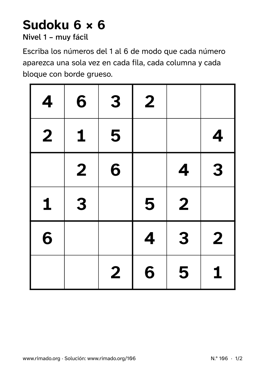 Vista previa de la hoja impresa: Sudoku 6 × 6, n.º 106