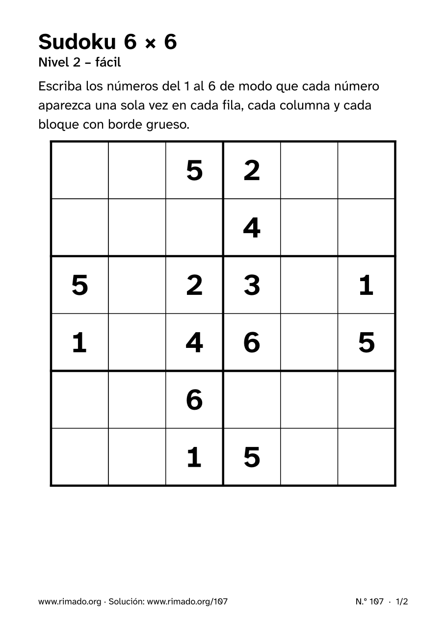 Vista previa de la hoja impresa: Sudoku 6 × 6, n.º 107