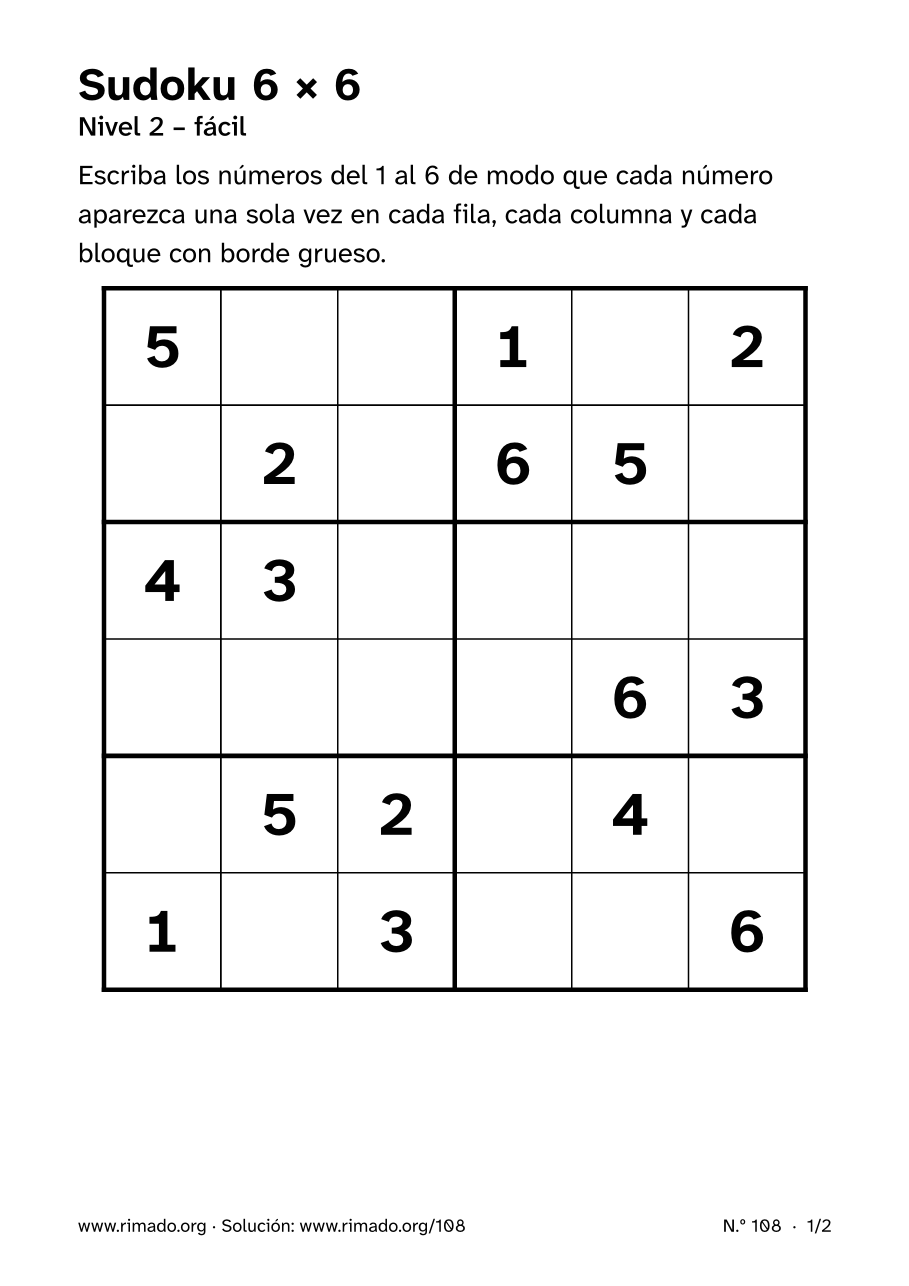 Vista previa de la hoja impresa: Sudoku 6 × 6, n.º 108