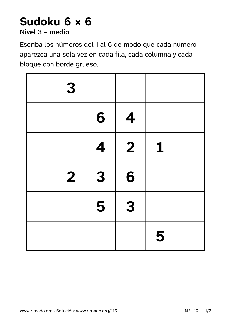 Vista previa de la hoja impresa: Sudoku 6 × 6, n.º 110