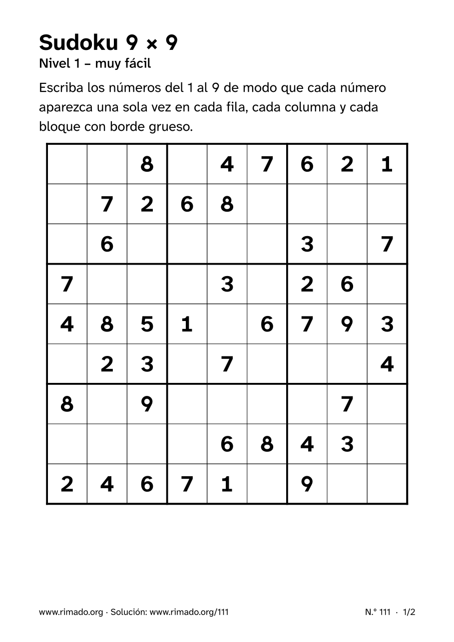 Vista previa de la hoja impresa: Sudoku 9 × 9, n.º 111