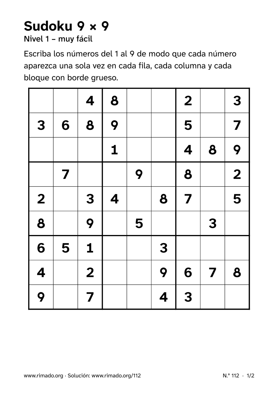 Vista previa de la hoja impresa: Sudoku 9 × 9, n.º 112