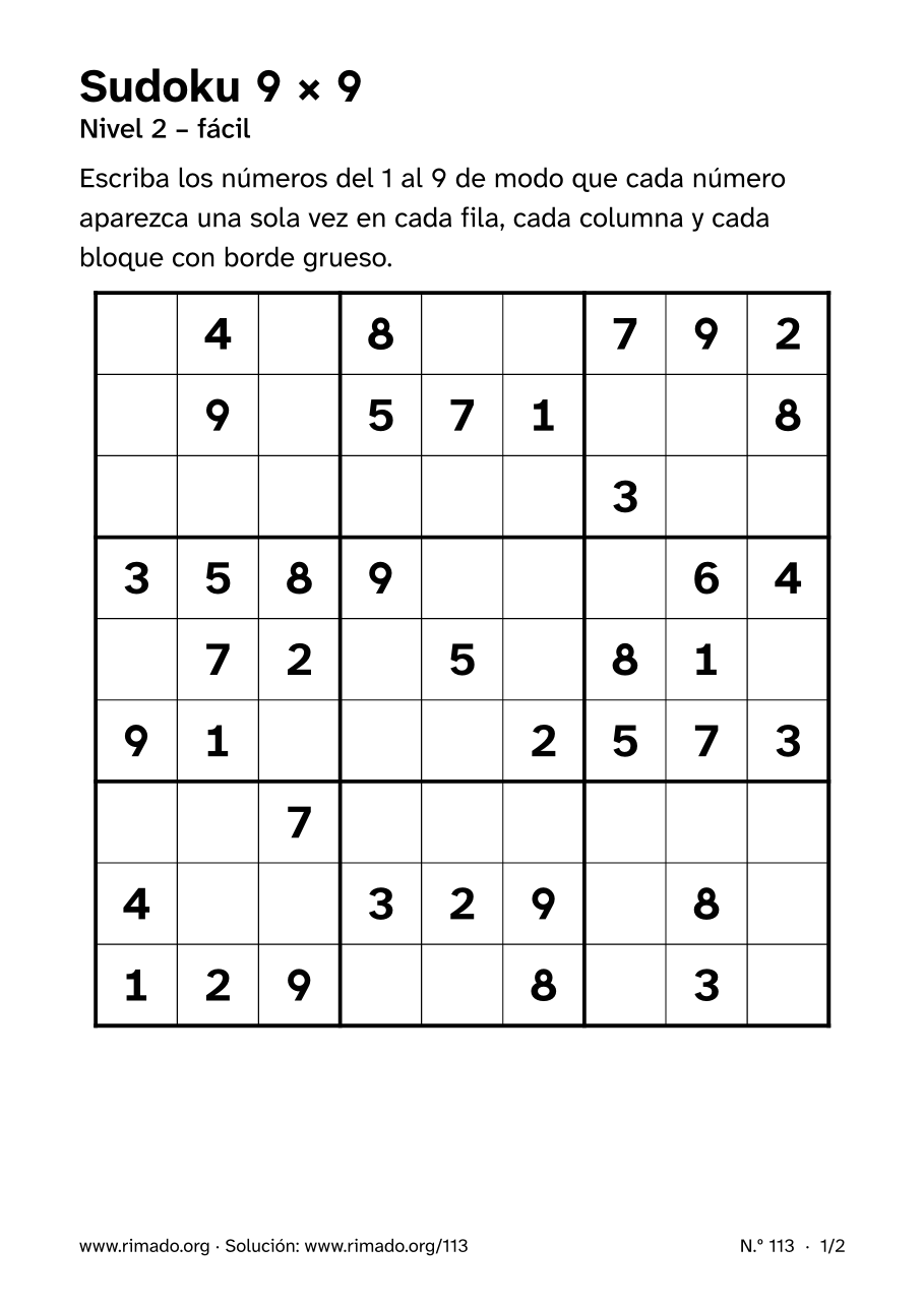 Vista previa de la hoja impresa: Sudoku 9 × 9, n.º 113