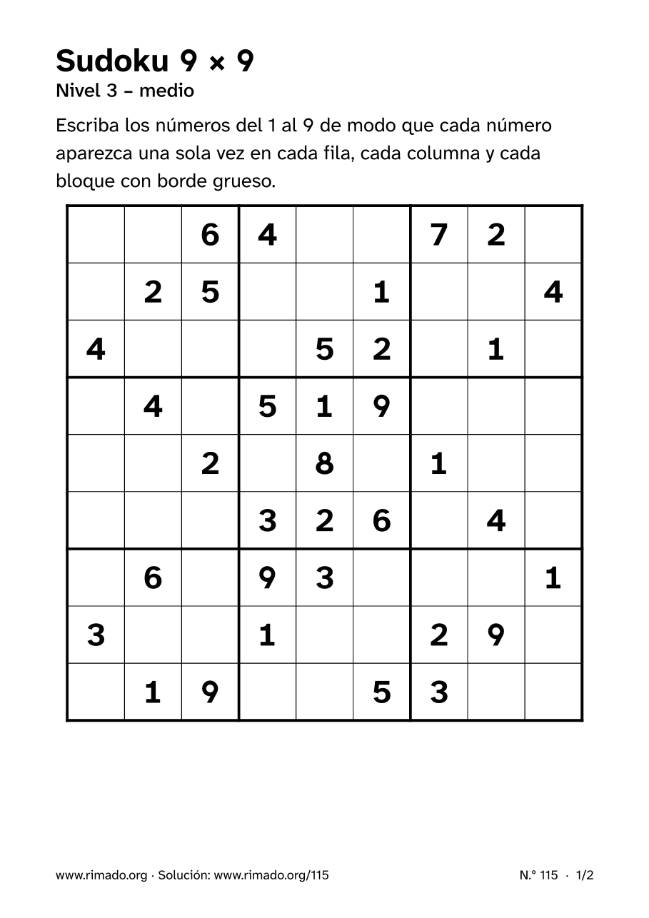 Vista previa de la hoja impresa: Sudoku 9 × 9, n.º 115