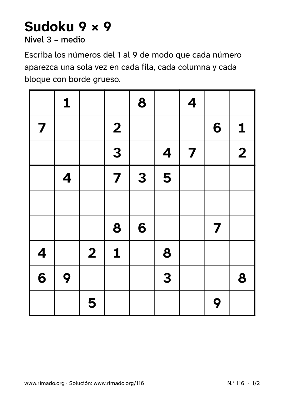 Vista previa de la hoja impresa: Sudoku 9 × 9, n.º 116