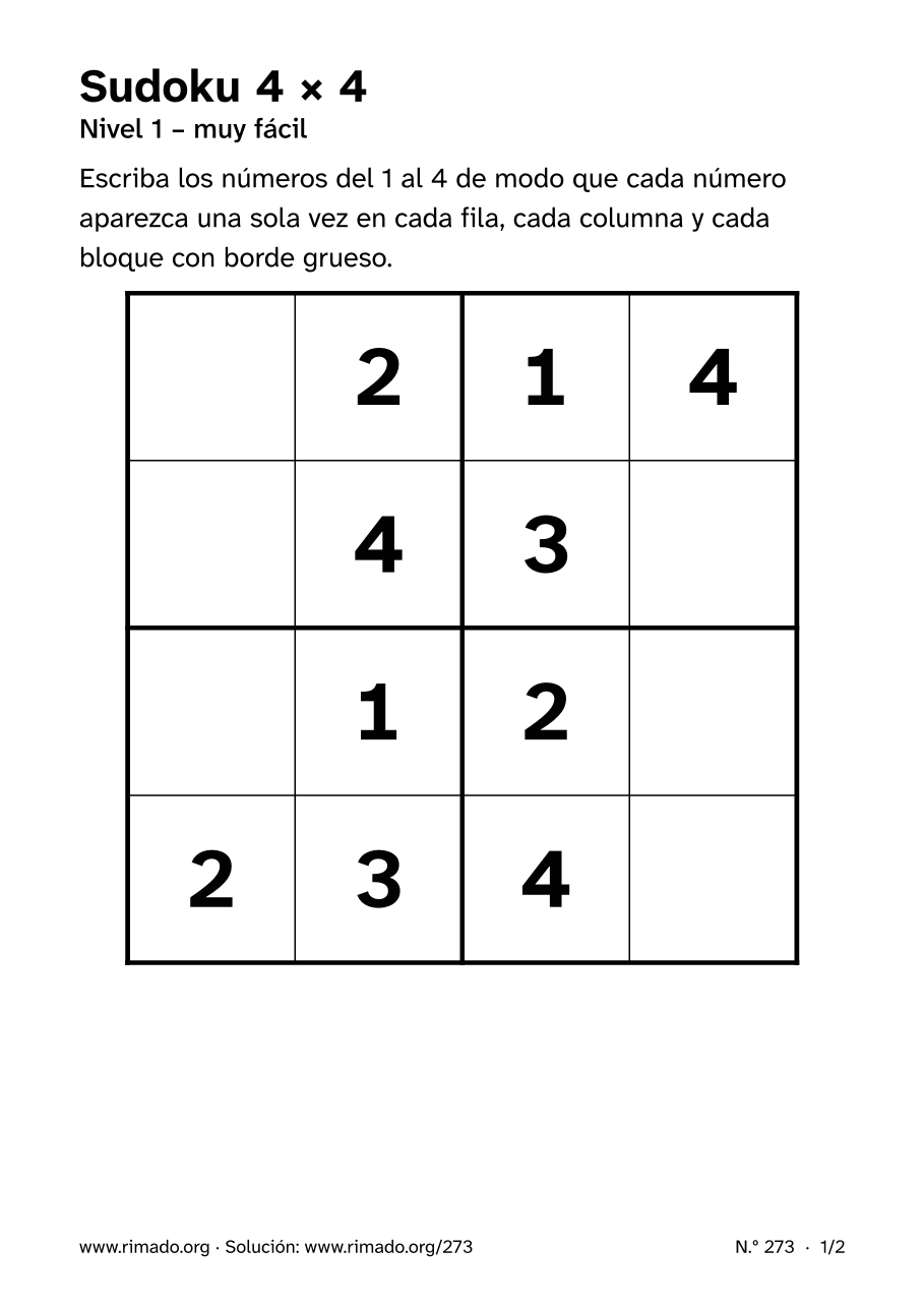 Vista previa de la hoja impresa: Sudoku 4 × 4, n.º 273