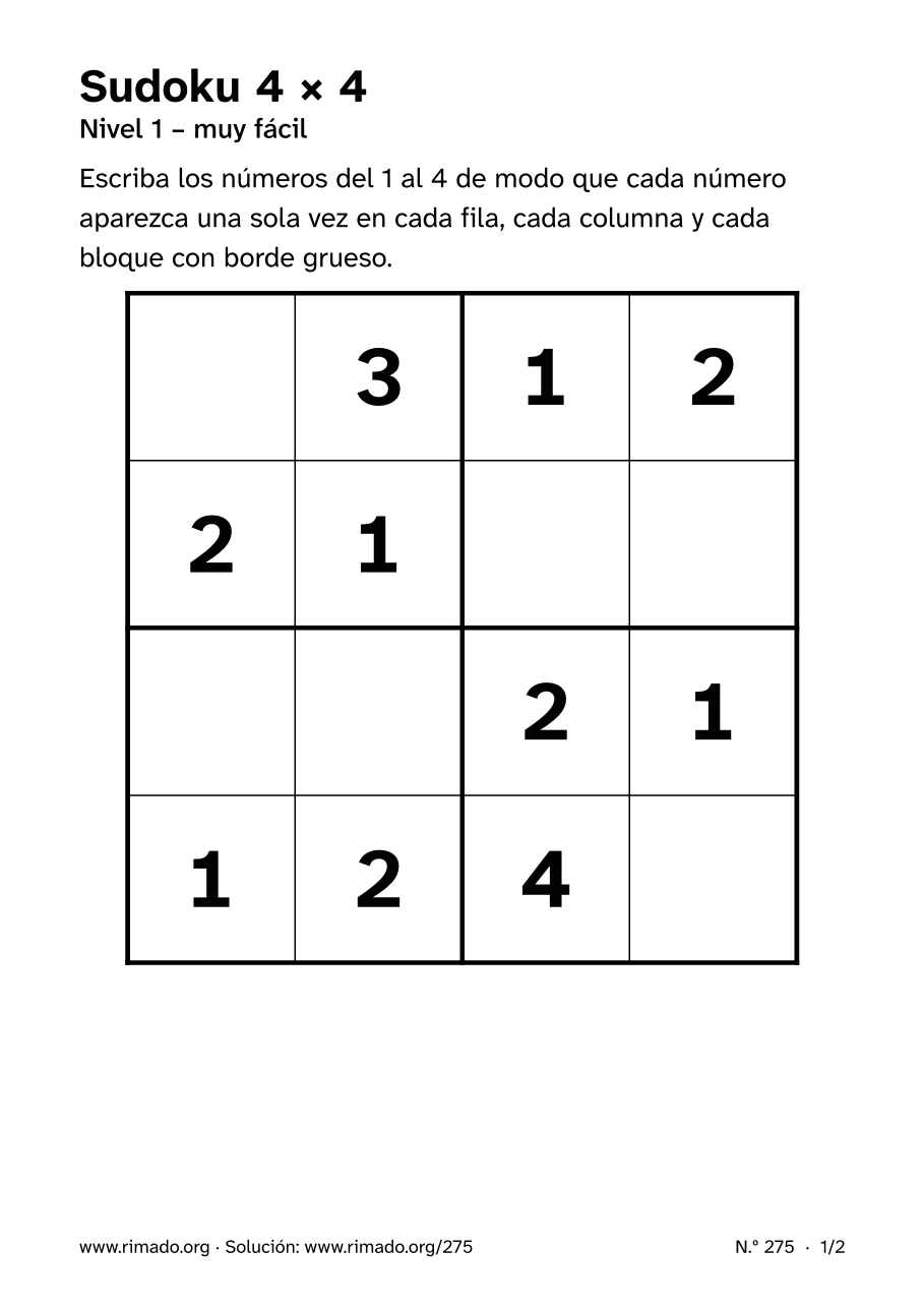 Vista previa de la hoja impresa: Sudoku 4 × 4, n.º 275