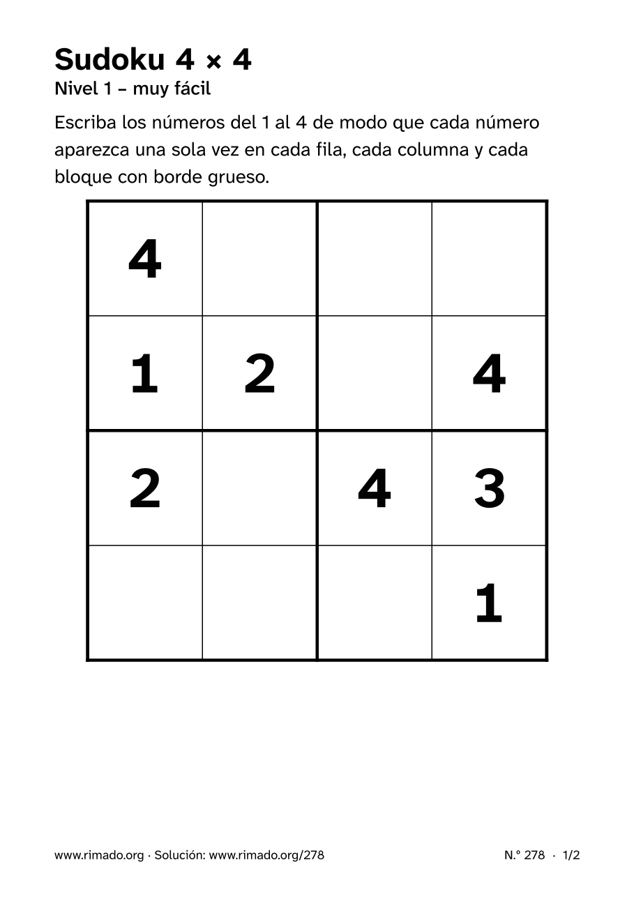Vista previa de la hoja impresa: Sudoku 4 × 4, n.º 278