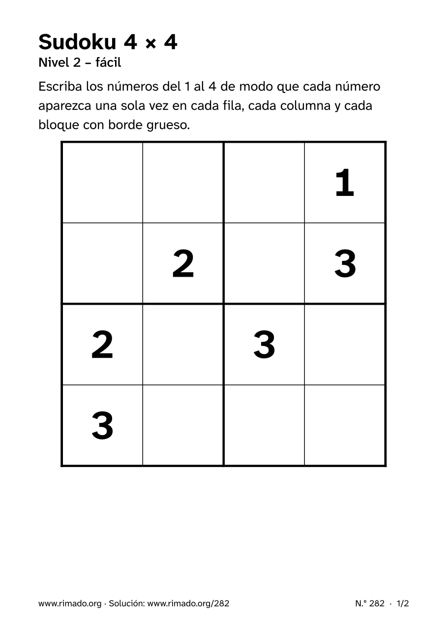 Vista previa de la hoja impresa: Sudoku 4 × 4, n.º 282