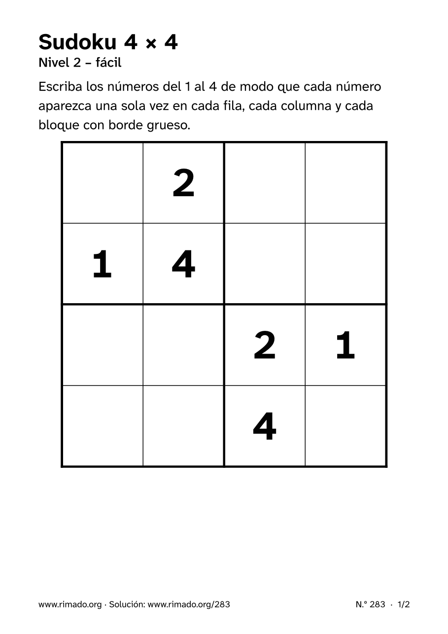 Vista previa de la hoja impresa: Sudoku 4 × 4, n.º 283