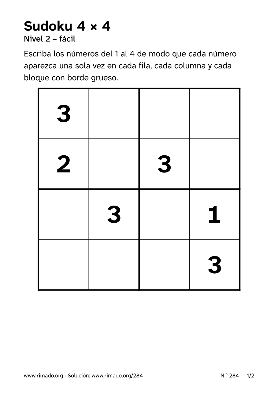 Vista previa de la hoja impresa: Sudoku 4 × 4, n.º 284