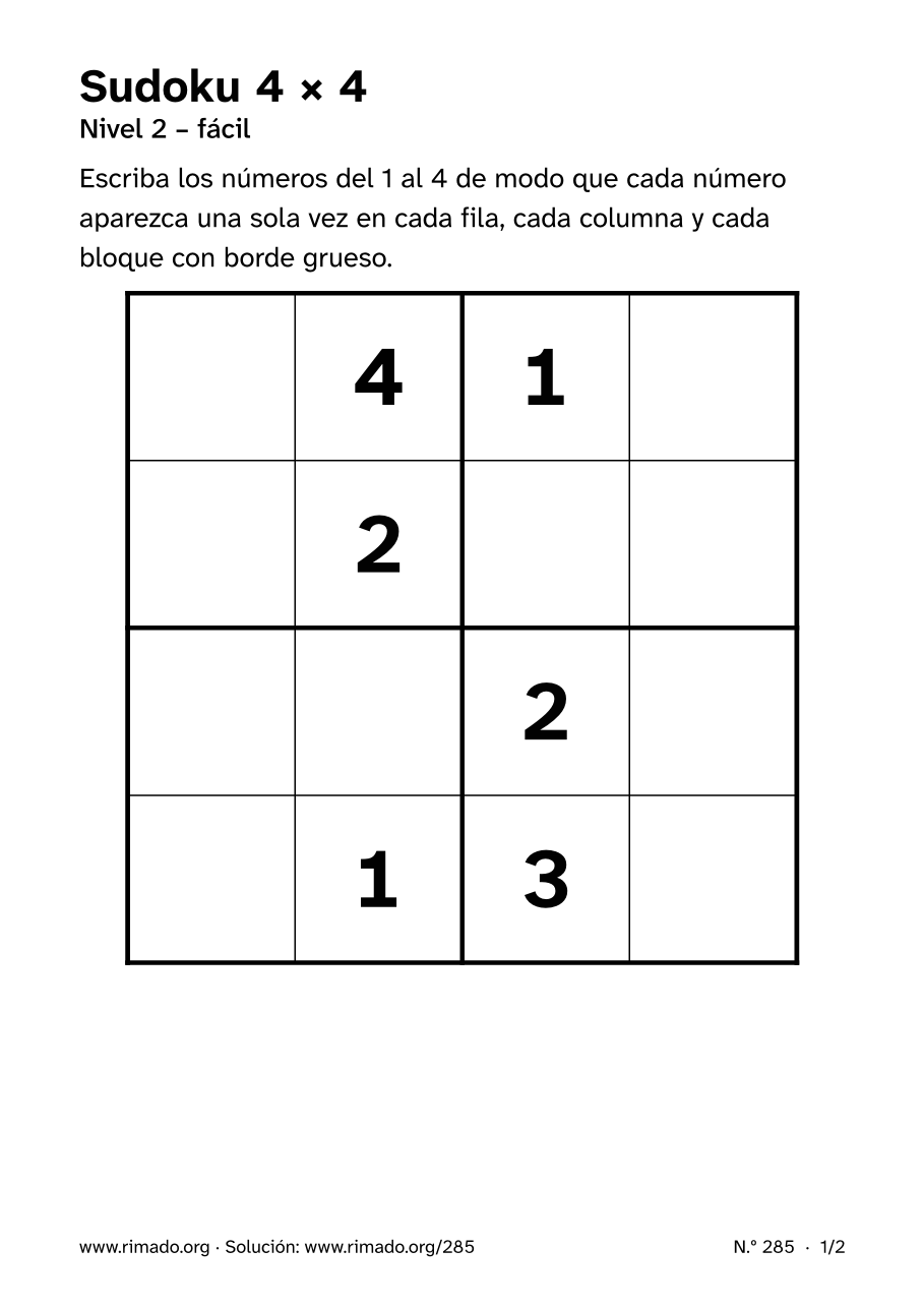 Vista previa de la hoja impresa: Sudoku 4 × 4, n.º 285