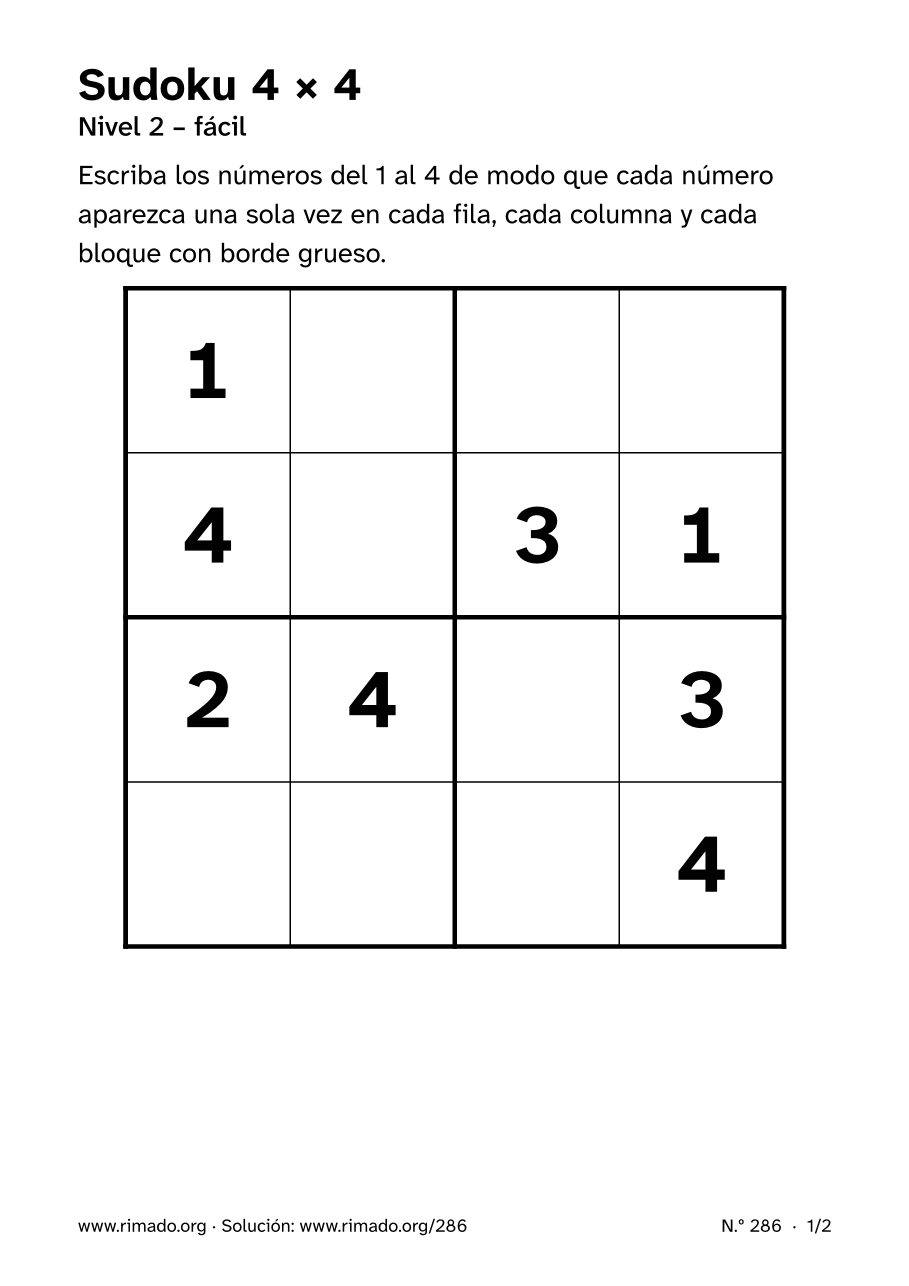 Vista previa de la hoja impresa: Sudoku 4 × 4, n.º 286