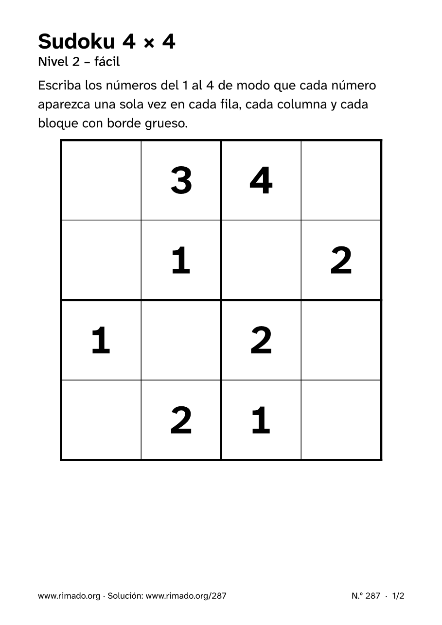 Vista previa de la hoja impresa: Sudoku 4 × 4, n.º 287