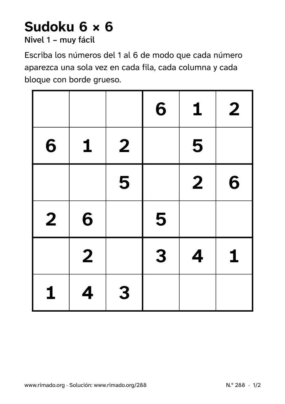 Vista previa de la hoja impresa: Sudoku 6 × 6, n.º 288