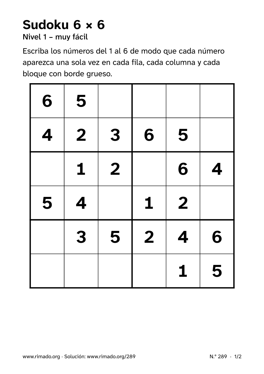 Vista previa de la hoja impresa: Sudoku 6 × 6, n.º 289