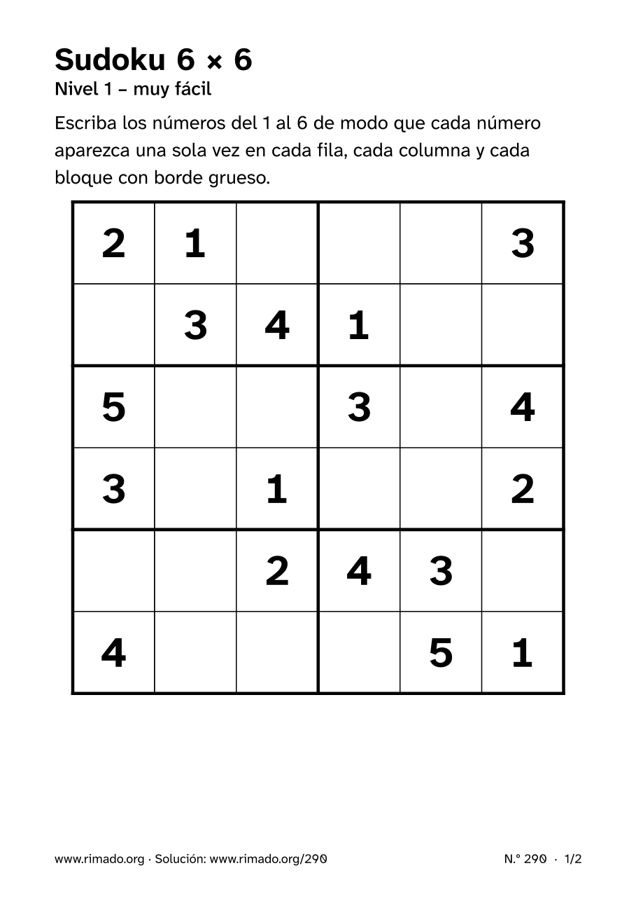 Vista previa de la hoja impresa: Sudoku 6 × 6, n.º 290