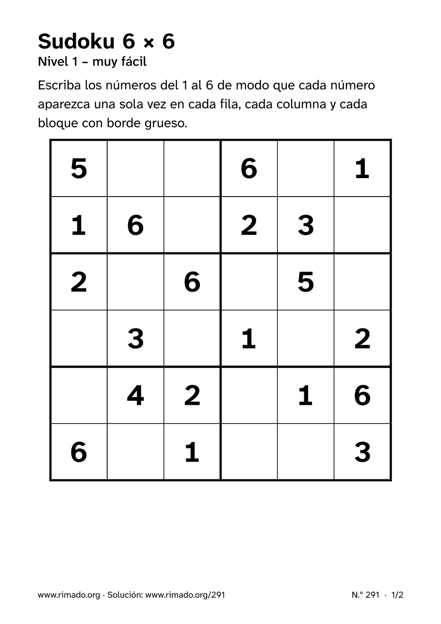Vista previa de la hoja impresa: Sudoku 6 × 6, n.º 291
