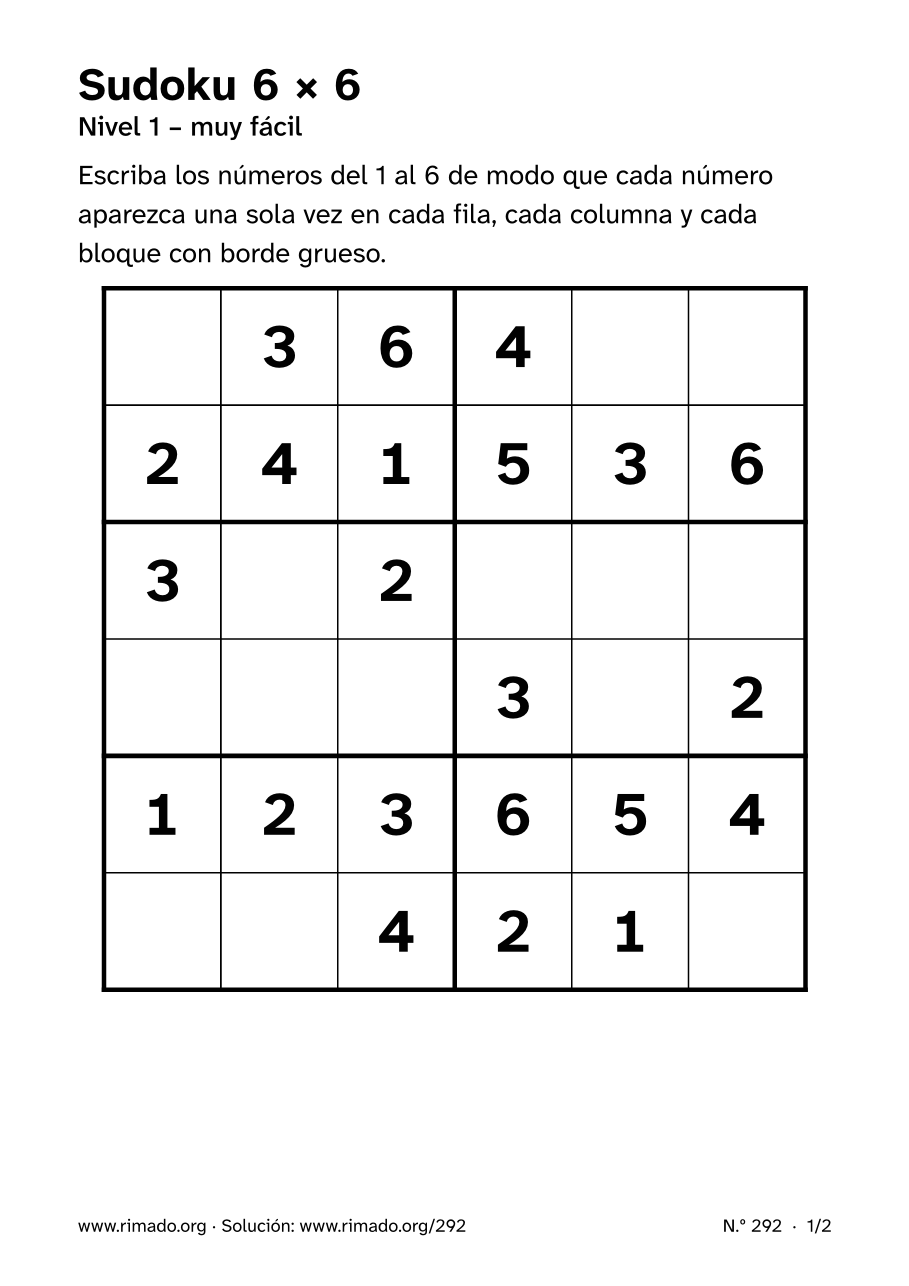 Vista previa de la hoja impresa: Sudoku 6 × 6, n.º 292