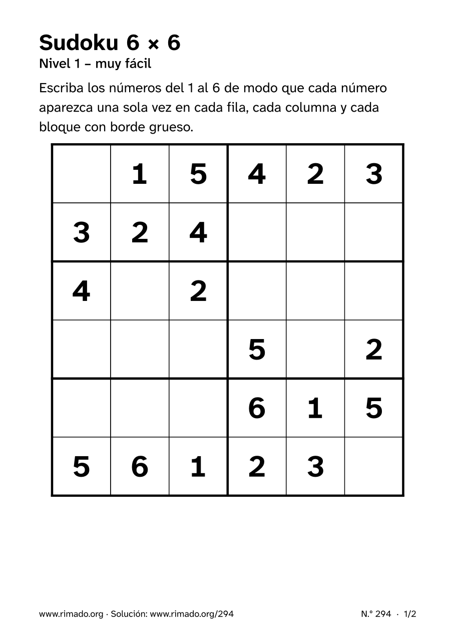 Vista previa de la hoja impresa: Sudoku 6 × 6, n.º 294