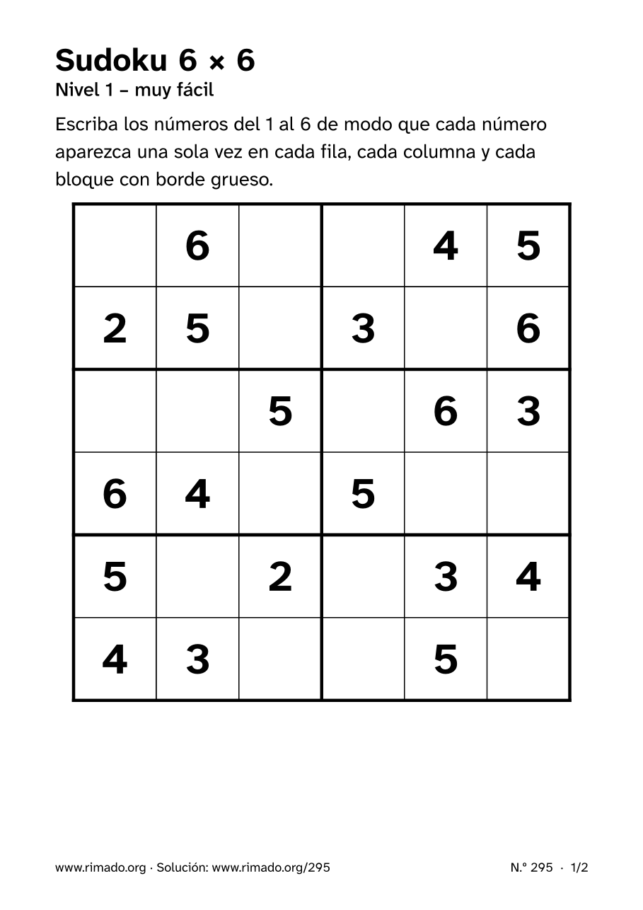 Vista previa de la hoja impresa: Sudoku 6 × 6, n.º 295