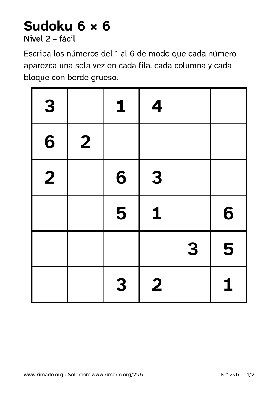 Vista previa de la hoja impresa: Sudoku 6 × 6, n.º 296