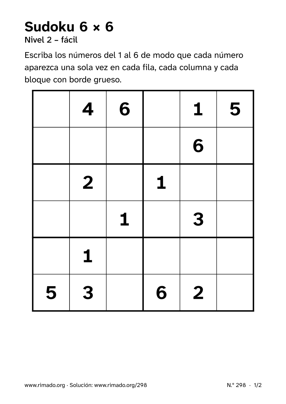 Vista previa de la hoja impresa: Sudoku 6 × 6, n.º 298