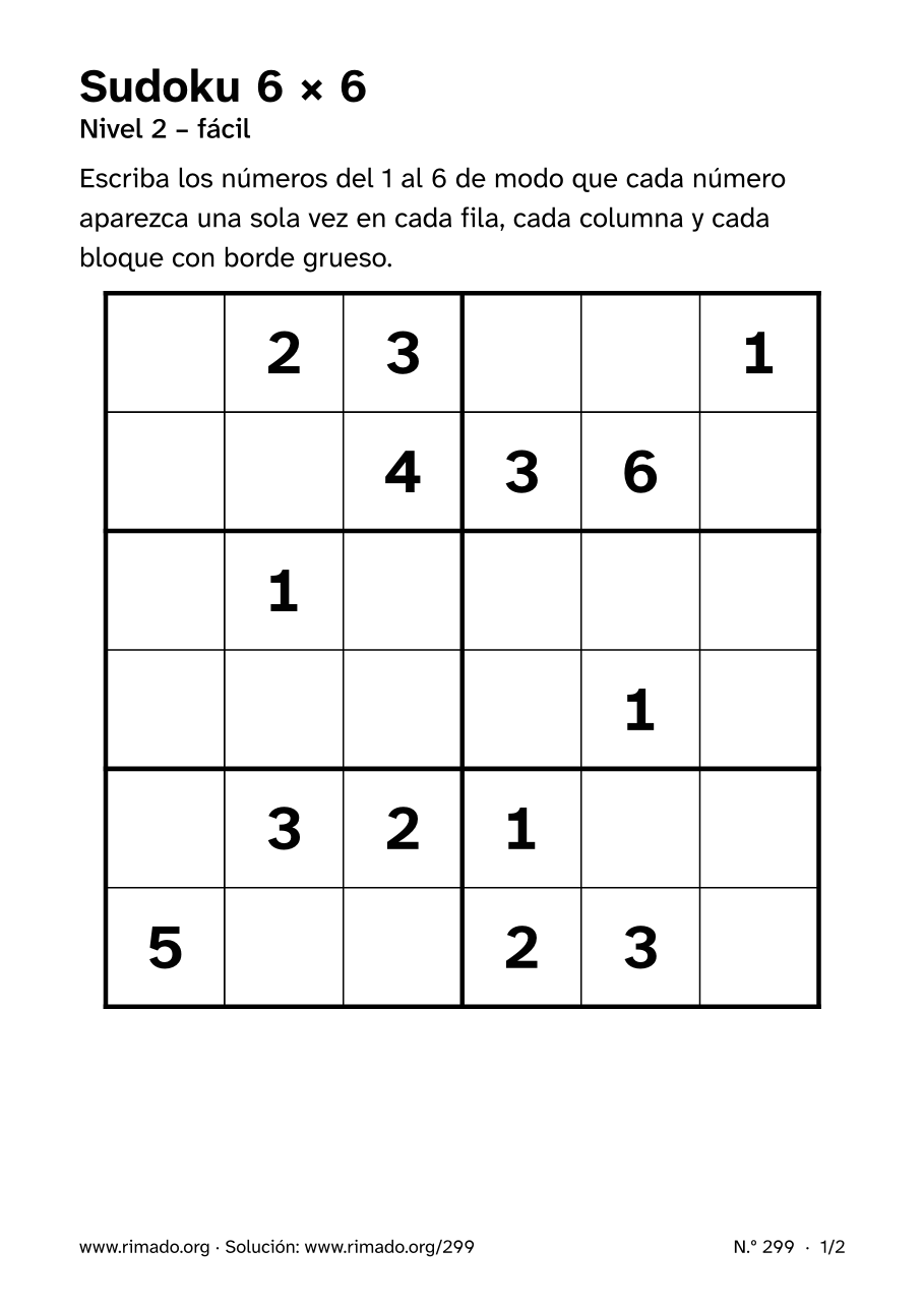 Vista previa de la hoja impresa: Sudoku 6 × 6, n.º 299