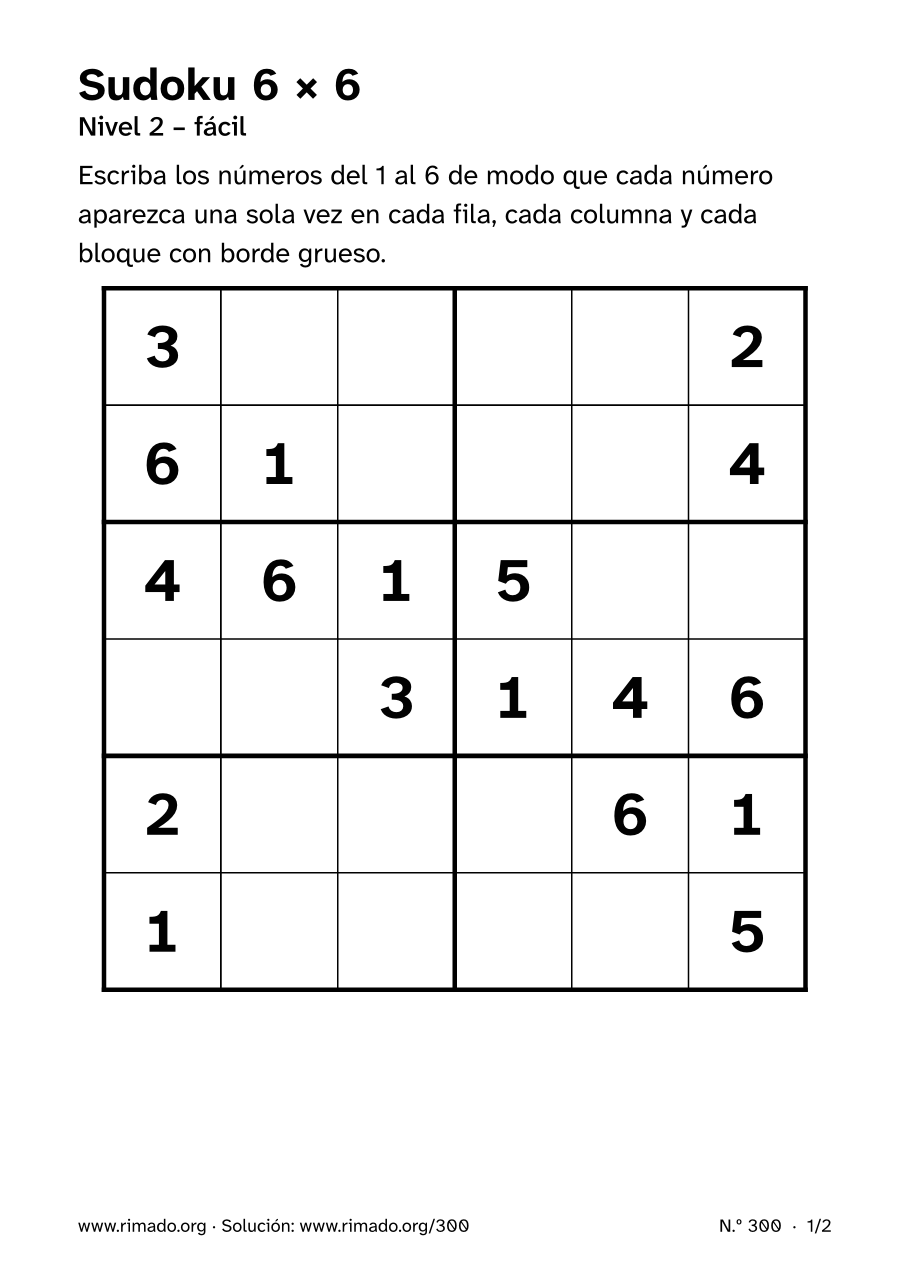 Vista previa de la hoja impresa: Sudoku 6 × 6, n.º 300