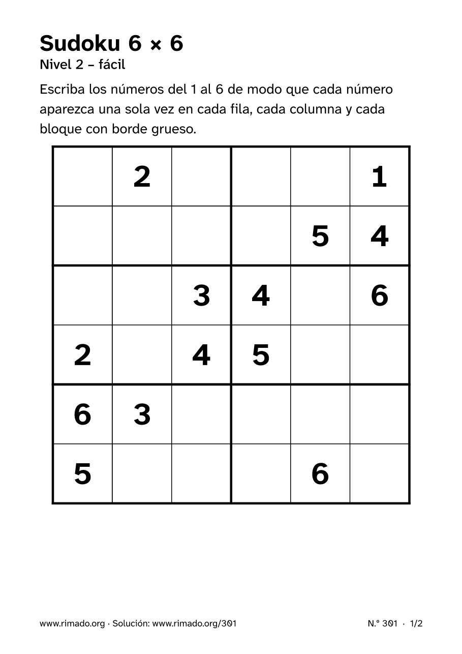 Vista previa de la hoja impresa: Sudoku 6 × 6, n.º 301